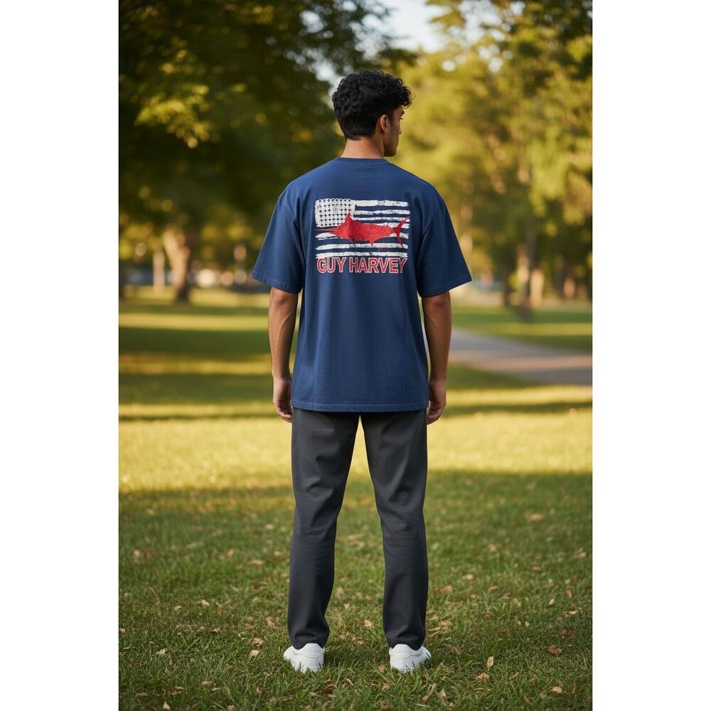 Guy Harvey Marlin American Flag T-Shirt Blue Fishing Graphic Tee Mens Large